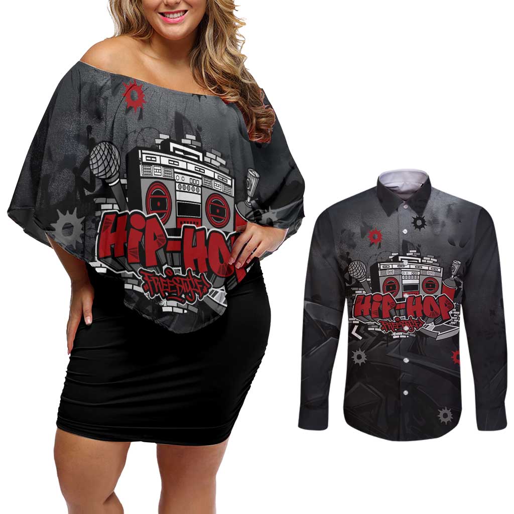 Hip Hop Streetwear Couples Matching Off Shoulder Short Dress and Long Sleeve Button Shirt with Graffiti Boombox and Angel Bear Graphic in Urban Bullet Hole Design - Wonder Print Shop