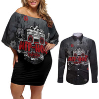 Hip Hop Streetwear Couples Matching Off Shoulder Short Dress and Long Sleeve Button Shirt with Graffiti Boombox and Angel Bear Graphic in Urban Bullet Hole Design - Wonder Print Shop