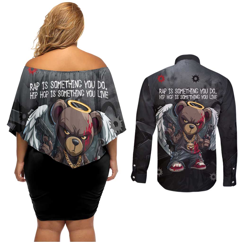 Hip Hop Streetwear Couples Matching Off Shoulder Short Dress and Long Sleeve Button Shirt with Graffiti Boombox and Angel Bear Graphic in Urban Bullet Hole Design - Wonder Print Shop