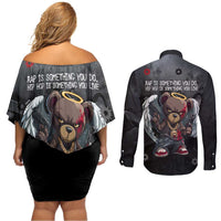 Hip Hop Streetwear Couples Matching Off Shoulder Short Dress and Long Sleeve Button Shirt with Graffiti Boombox and Angel Bear Graphic in Urban Bullet Hole Design - Wonder Print Shop