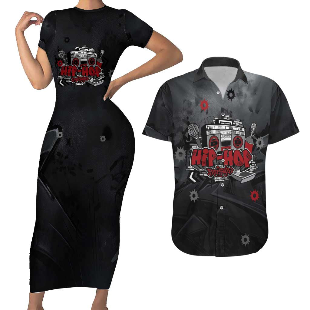 Hip Hop Streetwear Couples Matching Short Sleeve Bodycon Dress and Hawaiian Shirt with Graffiti Boombox and Angel Bear Graphic in Urban Bullet Hole Design - Wonder Print Shop