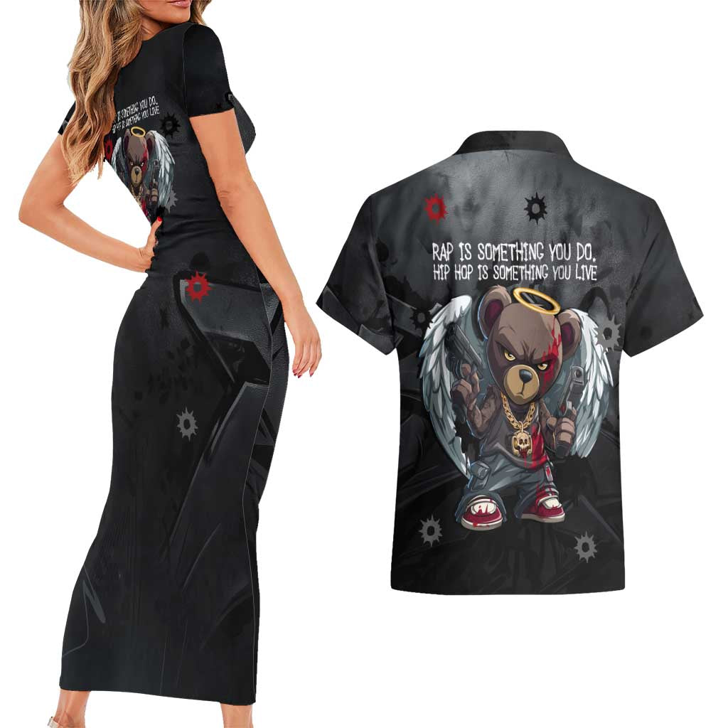 Hip Hop Streetwear Couples Matching Short Sleeve Bodycon Dress and Hawaiian Shirt with Graffiti Boombox and Angel Bear Graphic in Urban Bullet Hole Design - Wonder Print Shop