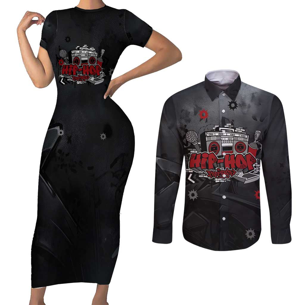 Hip Hop Streetwear Couples Matching Short Sleeve Bodycon Dress and Long Sleeve Button Shirt with Graffiti Boombox and Angel Bear Graphic in Urban Bullet Hole Design - Wonder Print Shop