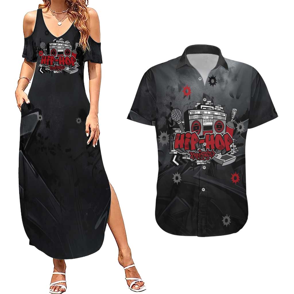 Hip Hop Streetwear Couples Matching Summer Maxi Dress and Hawaiian Shirt with Graffiti Boombox and Angel Bear Graphic in Urban Bullet Hole Design - Wonder Print Shop