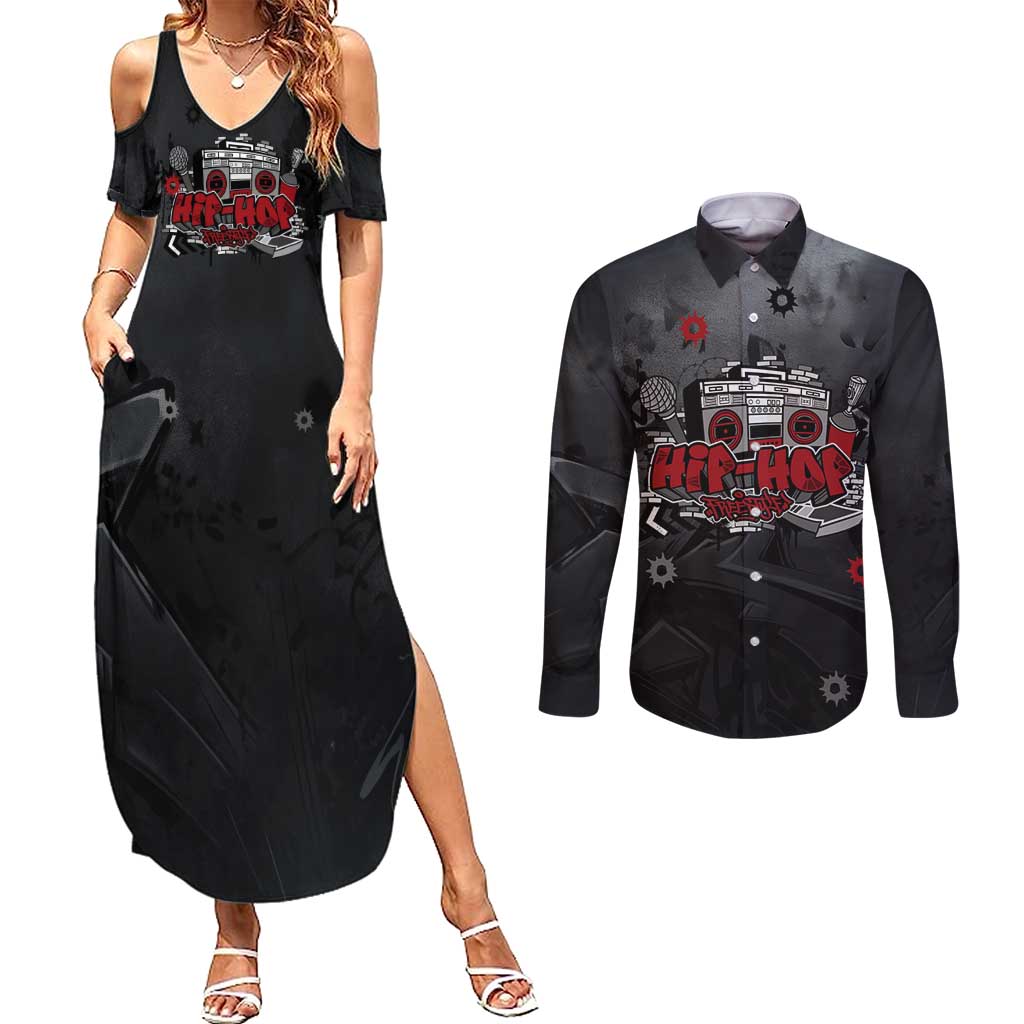 Hip Hop Streetwear Couples Matching Summer Maxi Dress and Long Sleeve Button Shirt with Graffiti Boombox and Angel Bear Graphic in Urban Bullet Hole Design - Wonder Print Shop