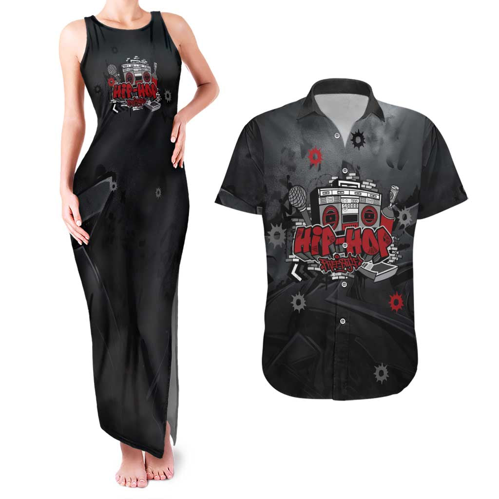 Hip Hop Streetwear Couples Matching Tank Maxi Dress and Hawaiian Shirt with Graffiti Boombox and Angel Bear Graphic in Urban Bullet Hole Design - Wonder Print Shop