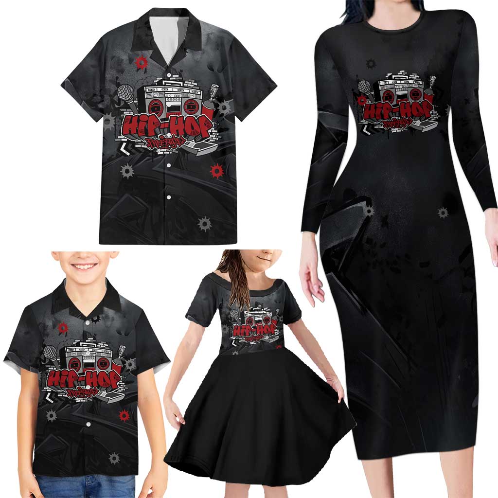 Hip Hop Streetwear Family Matching Long Sleeve Bodycon Dress and Hawaiian Shirt with Graffiti Boombox and Angel Bear Graphic in Urban Bullet Hole Design - Wonder Print Shop