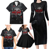 Hip Hop Streetwear Family Matching Long Sleeve Bodycon Dress and Hawaiian Shirt with Graffiti Boombox and Angel Bear Graphic in Urban Bullet Hole Design - Wonder Print Shop