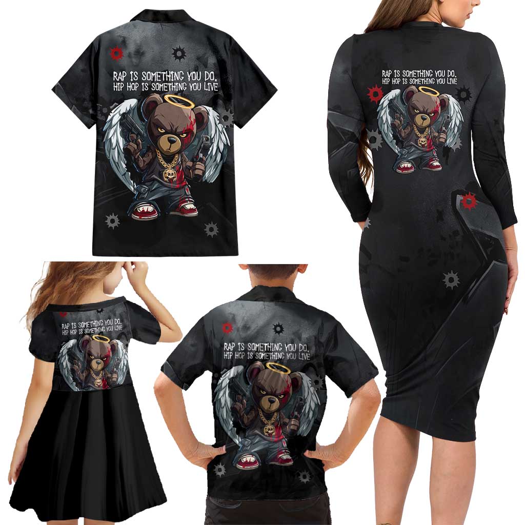 Hip Hop Streetwear Family Matching Long Sleeve Bodycon Dress and Hawaiian Shirt with Graffiti Boombox and Angel Bear Graphic in Urban Bullet Hole Design - Wonder Print Shop