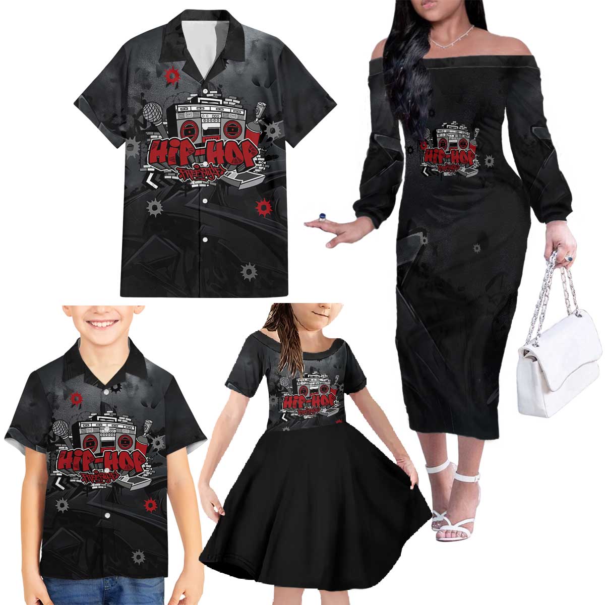 Hip Hop Streetwear Family Matching Off The Shoulder Long Sleeve Dress and Hawaiian Shirt with Graffiti Boombox and Angel Bear Graphic in Urban Bullet Hole Design - Wonder Print Shop