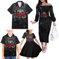 Hip Hop Streetwear Family Matching Off The Shoulder Long Sleeve Dress and Hawaiian Shirt with Graffiti Boombox and Angel Bear Graphic in Urban Bullet Hole Design - Wonder Print Shop