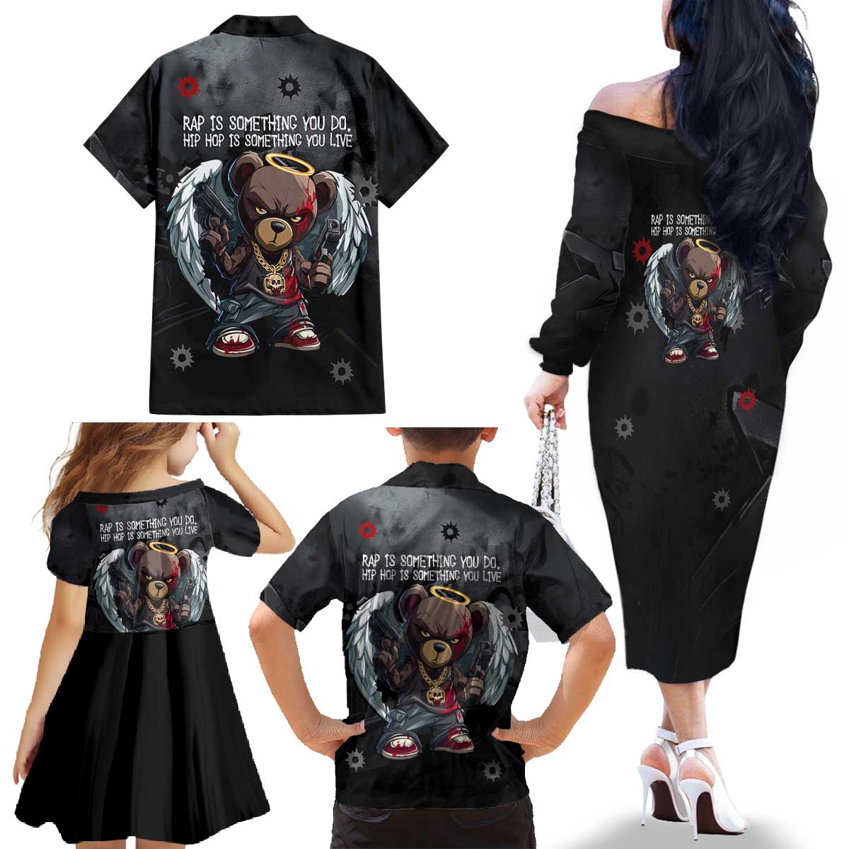 Hip Hop Streetwear Family Matching Off The Shoulder Long Sleeve Dress and Hawaiian Shirt with Graffiti Boombox and Angel Bear Graphic in Urban Bullet Hole Design - Wonder Print Shop