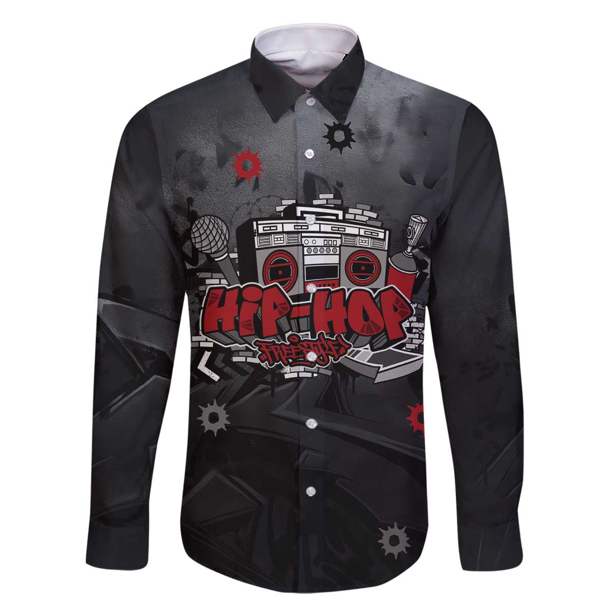 Hip Hop Streetwear Family Matching Off The Shoulder Long Sleeve Dress and Hawaiian Shirt with Graffiti Boombox and Angel Bear Graphic in Urban Bullet Hole Design - Wonder Print Shop