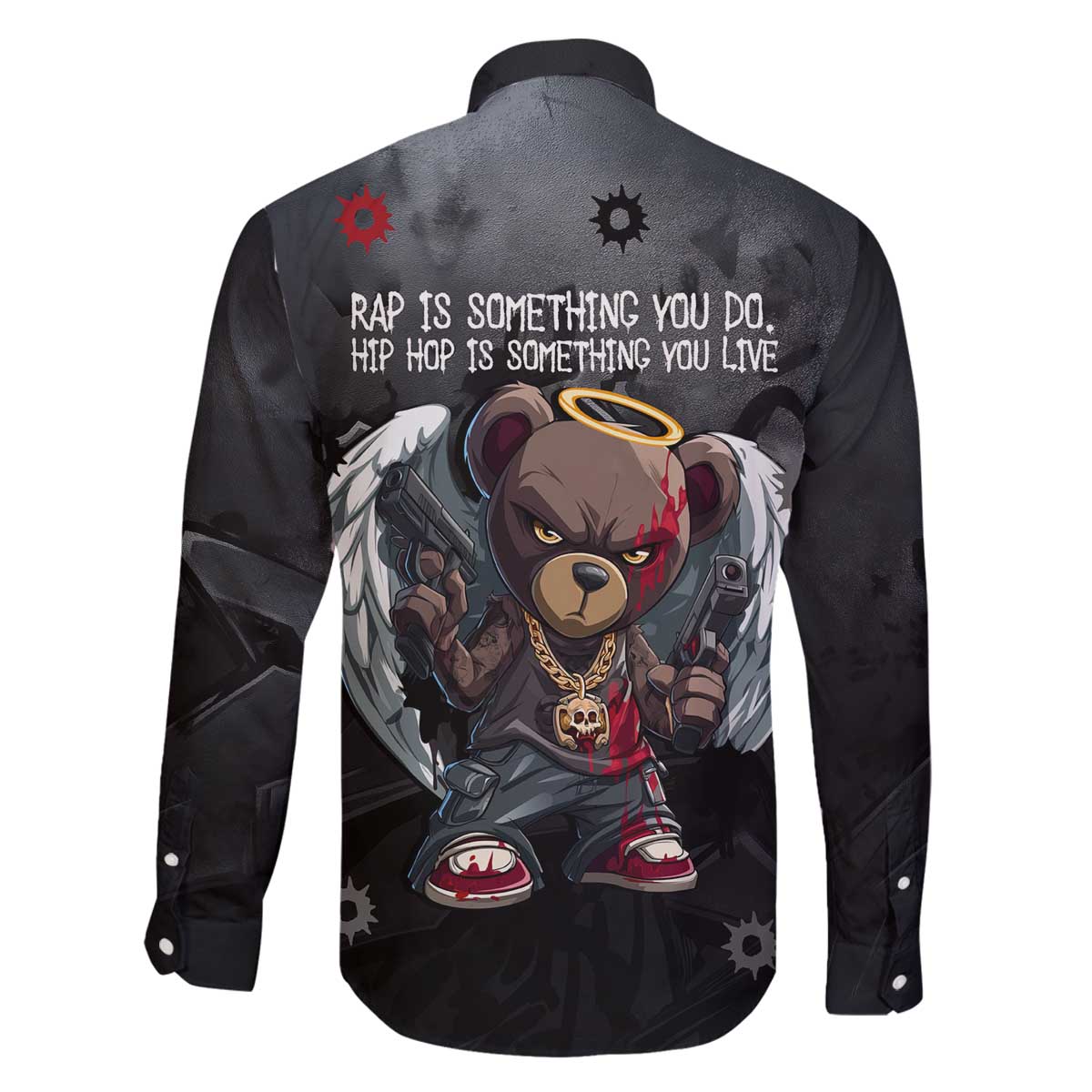 Hip Hop Streetwear Family Matching Off The Shoulder Long Sleeve Dress and Hawaiian Shirt with Graffiti Boombox and Angel Bear Graphic in Urban Bullet Hole Design - Wonder Print Shop