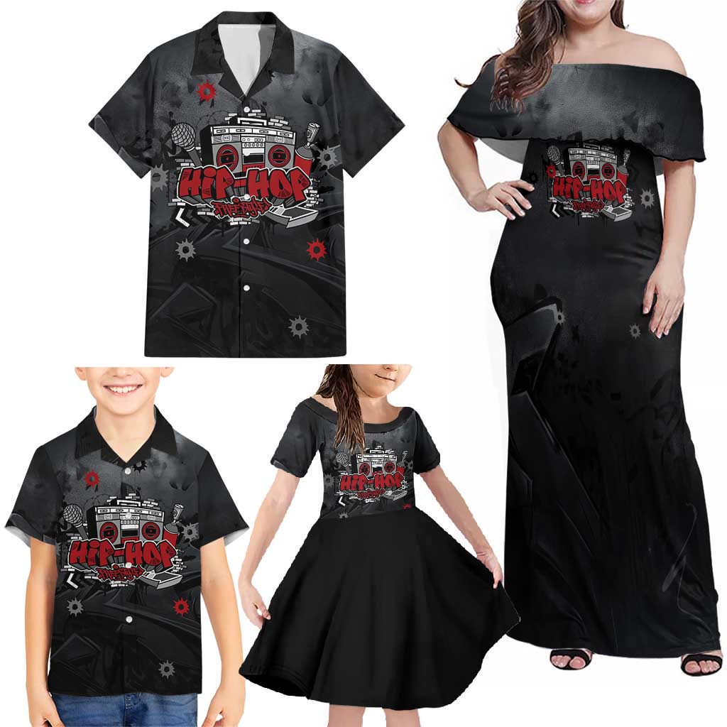 Hip Hop Streetwear Family Matching Off Shoulder Maxi Dress and Hawaiian Shirt with Graffiti Boombox and Angel Bear Graphic in Urban Bullet Hole Design - Wonder Print Shop