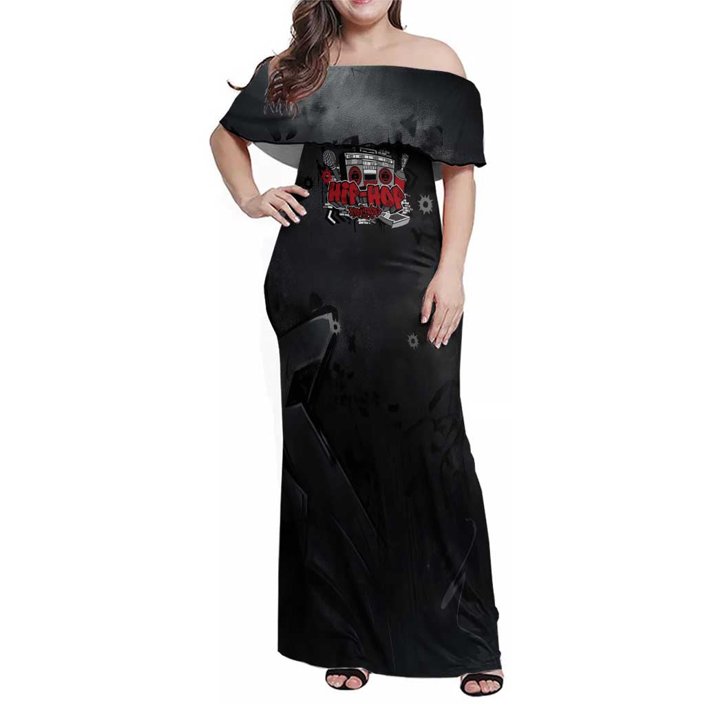 Hip Hop Streetwear Family Matching Off Shoulder Maxi Dress and Hawaiian Shirt with Graffiti Boombox and Angel Bear Graphic in Urban Bullet Hole Design - Wonder Print Shop