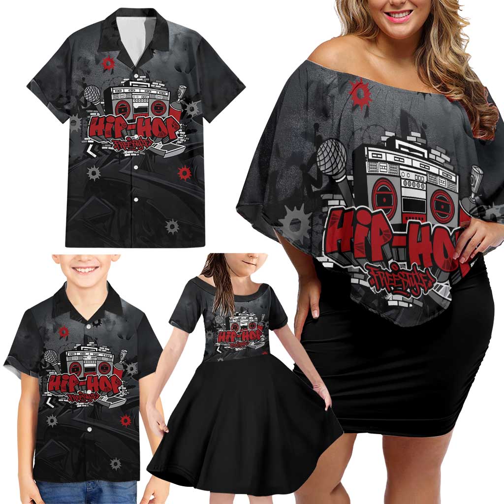 Hip Hop Streetwear Family Matching Off Shoulder Short Dress and Hawaiian Shirt with Graffiti Boombox and Angel Bear Graphic in Urban Bullet Hole Design - Wonder Print Shop