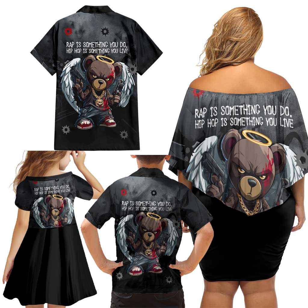 Hip Hop Streetwear Family Matching Off Shoulder Short Dress and Hawaiian Shirt with Graffiti Boombox and Angel Bear Graphic in Urban Bullet Hole Design - Wonder Print Shop