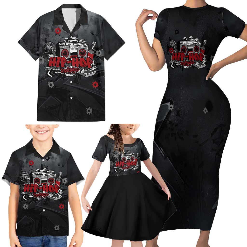 Hip Hop Streetwear Family Matching Short Sleeve Bodycon Dress and Hawaiian Shirt with Graffiti Boombox and Angel Bear Graphic in Urban Bullet Hole Design - Wonder Print Shop