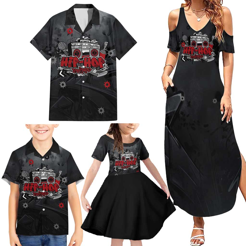 Hip Hop Streetwear Family Matching Summer Maxi Dress and Hawaiian Shirt with Graffiti Boombox and Angel Bear Graphic in Urban Bullet Hole Design - Wonder Print Shop