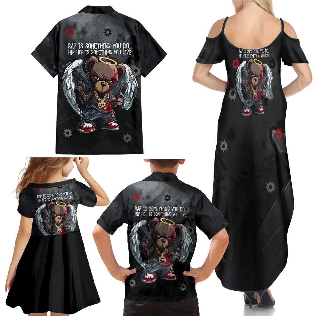 Hip Hop Streetwear Family Matching Summer Maxi Dress and Hawaiian Shirt with Graffiti Boombox and Angel Bear Graphic in Urban Bullet Hole Design - Wonder Print Shop
