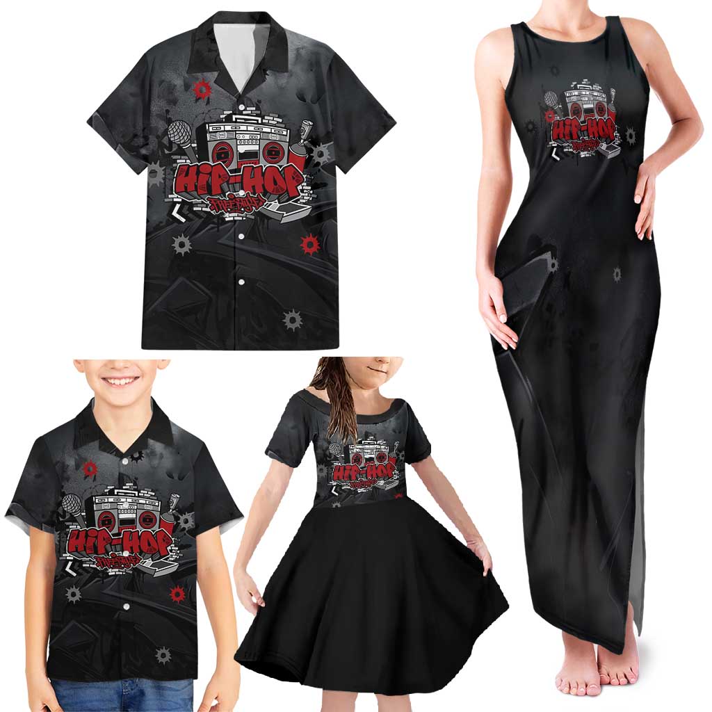 Hip Hop Streetwear Family Matching Tank Maxi Dress and Hawaiian Shirt with Graffiti Boombox and Angel Bear Graphic in Urban Bullet Hole Design - Wonder Print Shop