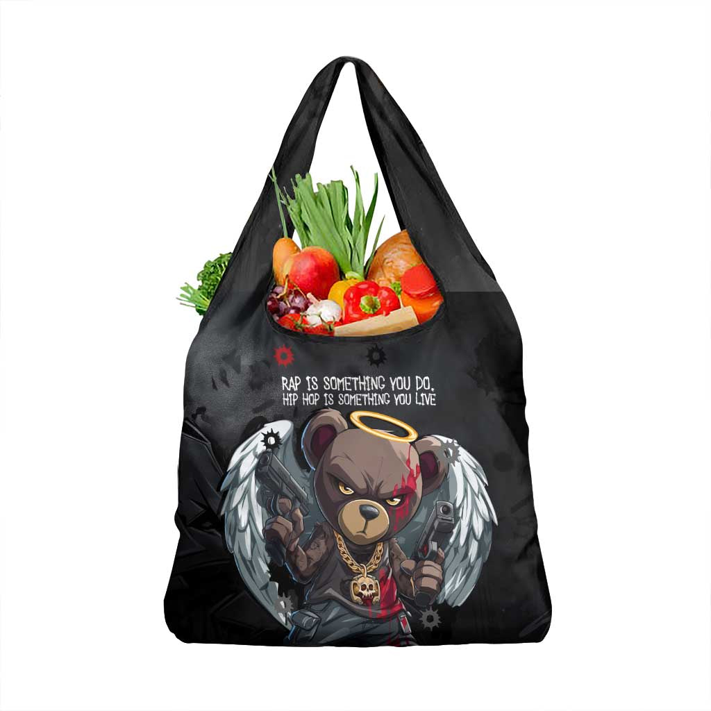 Hip Hop Streetwear Grocery Bag with Graffiti Boombox and Angel Bear Graphic in Urban Bullet Hole Design - Wonder Print Shop