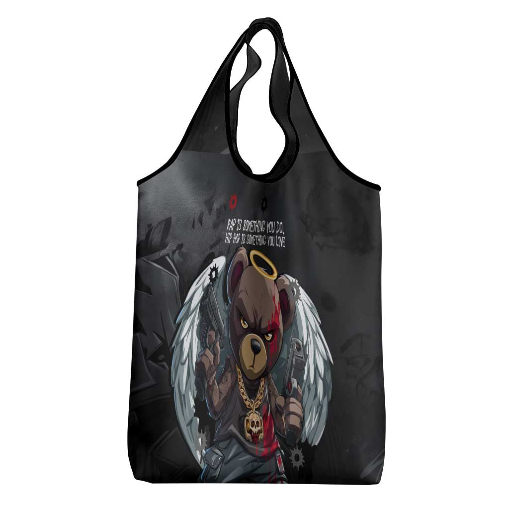 Hip Hop Streetwear Grocery Bag with Graffiti Boombox and Angel Bear Graphic in Urban Bullet Hole Design - Wonder Print Shop