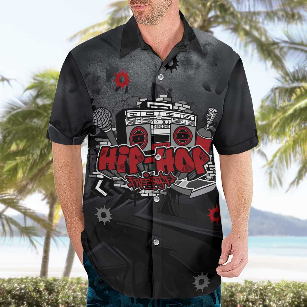 Hip Hop Streetwear Hawaiian Shirt with Graffiti Boombox and Angel Bear Graphic in Urban Bullet Hole Design - Wonder Print Shop