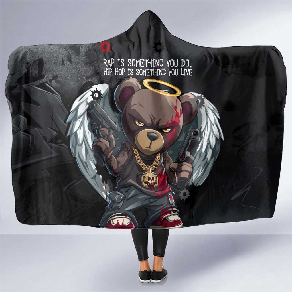 Hip Hop Streetwear Hooded Blanket with Graffiti Boombox and Angel Bear Graphic in Urban Bullet Hole Design - Wonder Print Shop