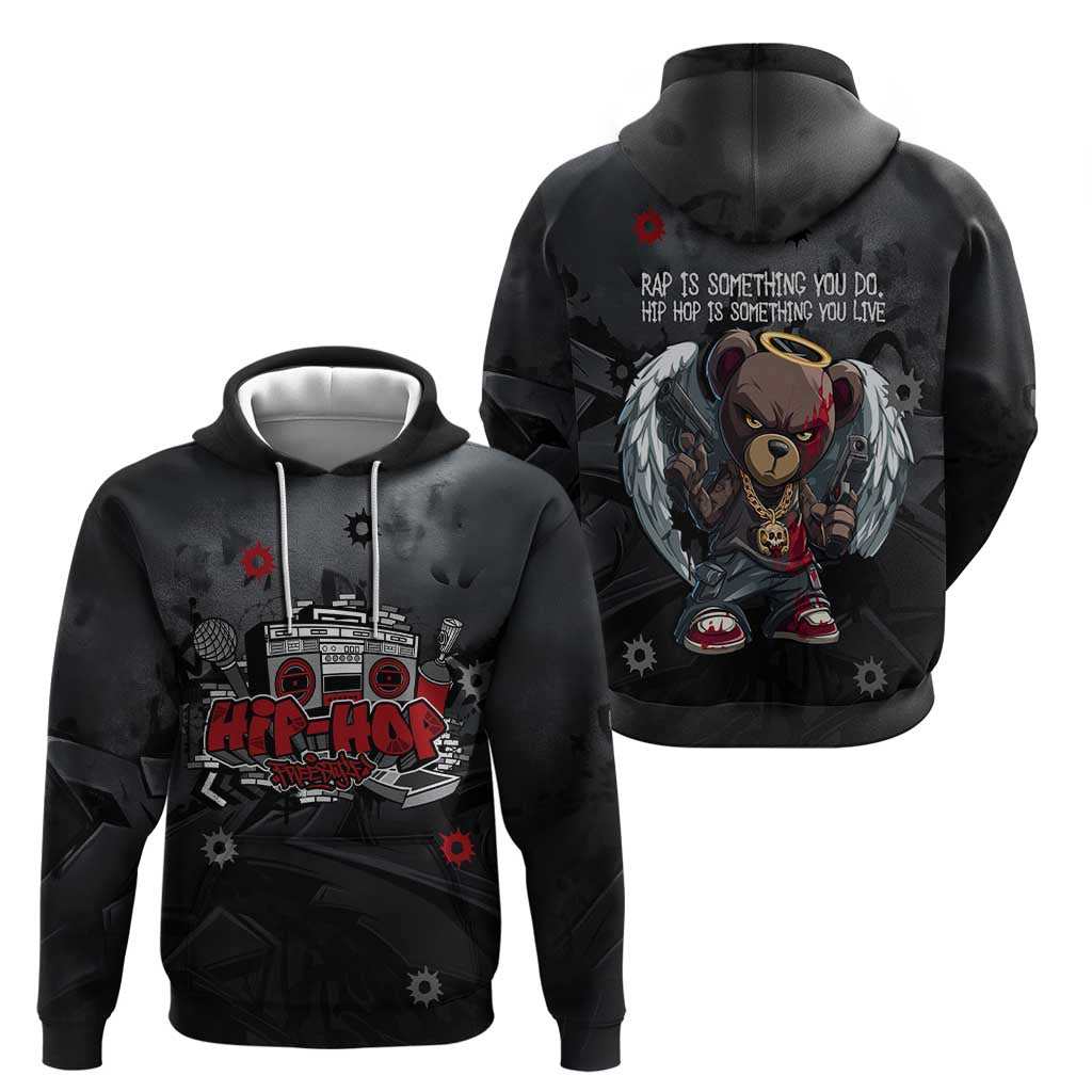 Hip Hop Streetwear Hoodie with Graffiti Boombox and Angel Bear Graphic in Urban Bullet Hole Design - Wonder Print Shop