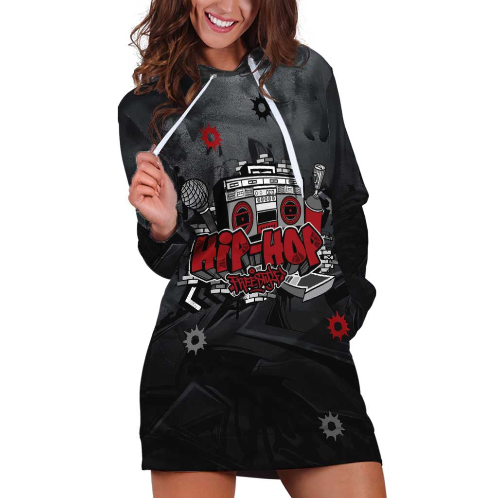 Hip Hop Streetwear Hoodie Dress with Graffiti Boombox and Angel Bear Graphic in Urban Bullet Hole Design - Wonder Print Shop
