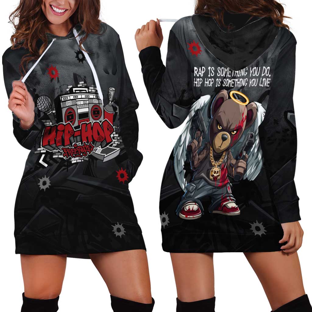 Hip Hop Streetwear Hoodie Dress with Graffiti Boombox and Angel Bear Graphic in Urban Bullet Hole Design - Wonder Print Shop