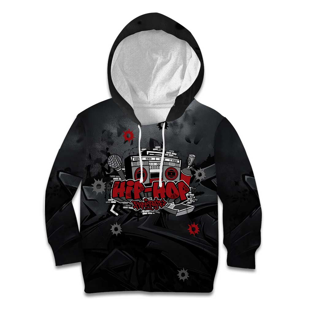 Hip Hop Streetwear Kid Hoodie with Graffiti Boombox and Angel Bear Graphic in Urban Bullet Hole Design - Wonder Print Shop