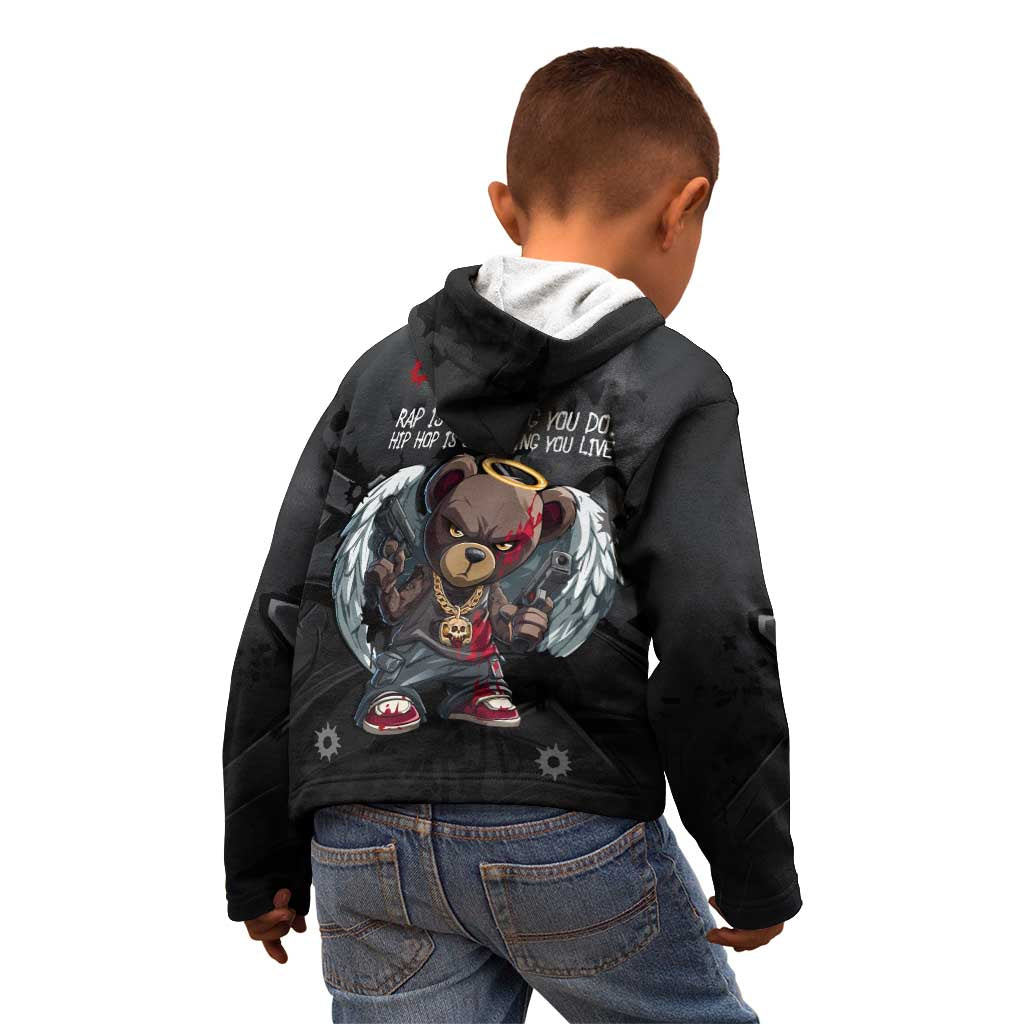 Hip Hop Streetwear Kid Hoodie with Graffiti Boombox and Angel Bear Graphic in Urban Bullet Hole Design - Wonder Print Shop