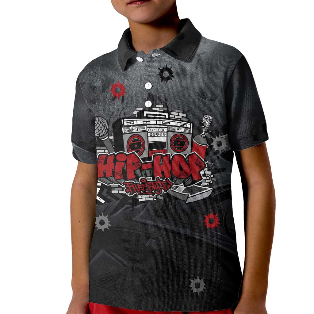 Hip Hop Streetwear Kid Polo Shirt with Graffiti Boombox and Angel Bear Graphic in Urban Bullet Hole Design - Wonder Print Shop