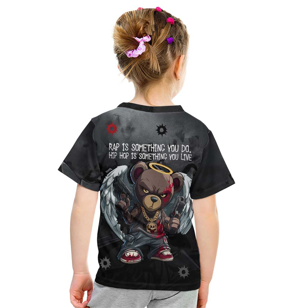 Hip Hop Streetwear Kid T Shirt with Graffiti Boombox and Angel Bear Graphic in Urban Bullet Hole Design - Wonder Print Shop