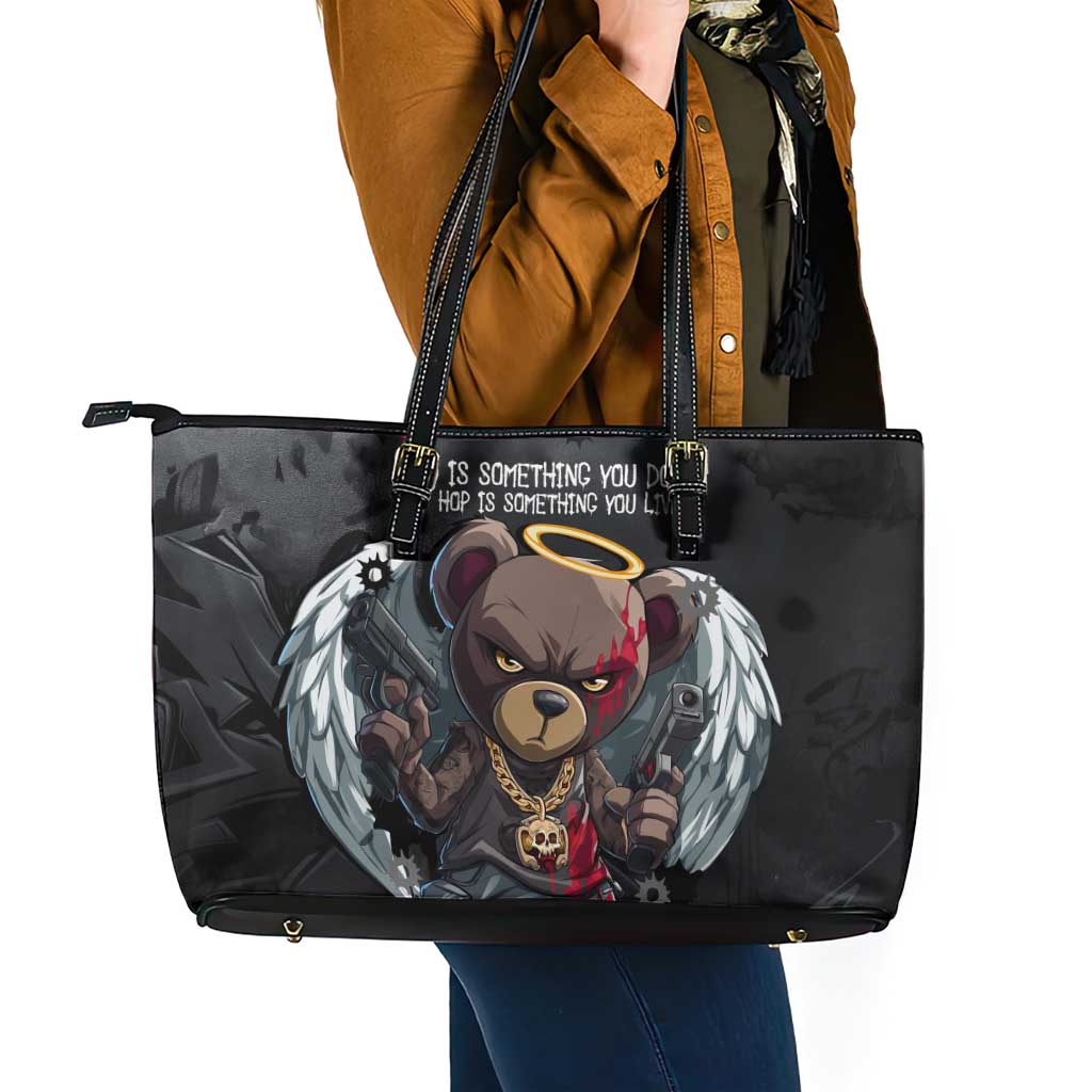 Hip Hop Streetwear Leather Tote Bag with Graffiti Boombox and Angel Bear Graphic in Urban Bullet Hole Design - Wonder Print Shop
