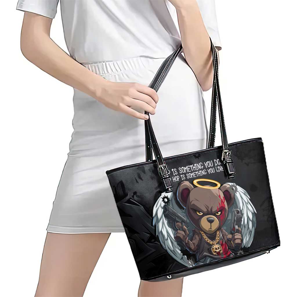Hip Hop Streetwear Leather Tote Bag with Graffiti Boombox and Angel Bear Graphic in Urban Bullet Hole Design - Wonder Print Shop
