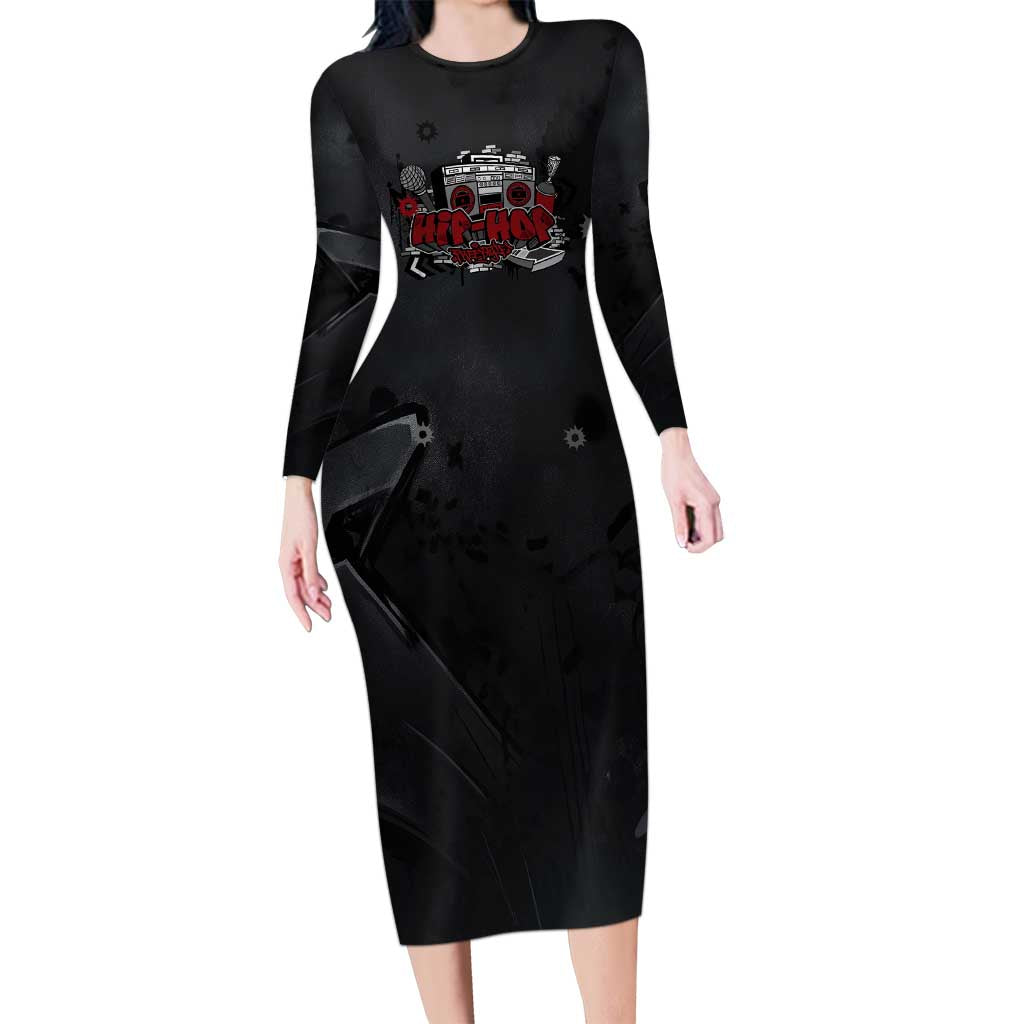 Hip Hop Streetwear Long Sleeve Bodycon Dress with Graffiti Boombox and Angel Bear Graphic in Urban Bullet Hole Design - Wonder Print Shop