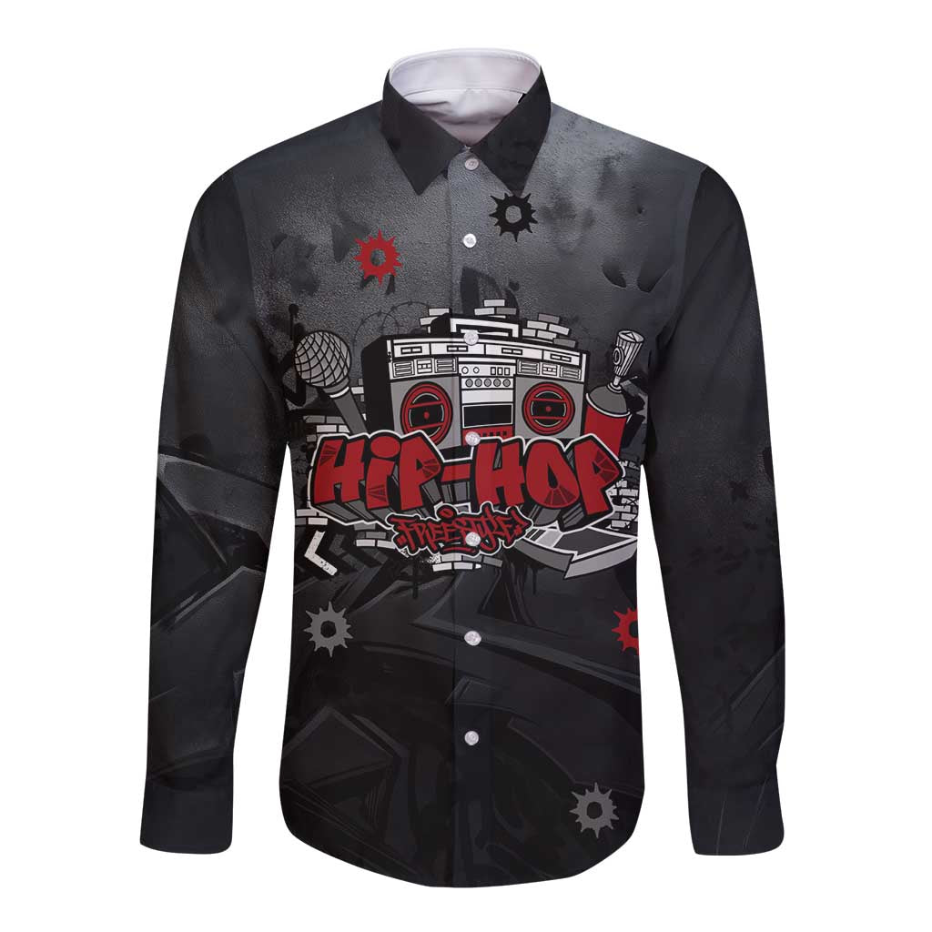 Hip Hop Streetwear Long Sleeve Button Shirt with Graffiti Boombox and Angel Bear Graphic in Urban Bullet Hole Design - Wonder Print Shop