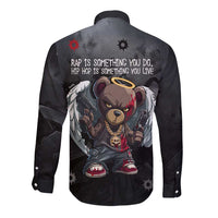 Hip Hop Streetwear Long Sleeve Button Shirt with Graffiti Boombox and Angel Bear Graphic in Urban Bullet Hole Design - Wonder Print Shop