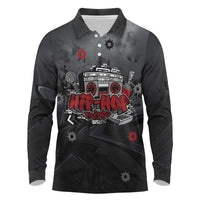 Hip Hop Streetwear Long Sleeve Polo Shirt with Graffiti Boombox and Angel Bear Graphic in Urban Bullet Hole Design - Wonder Print Shop