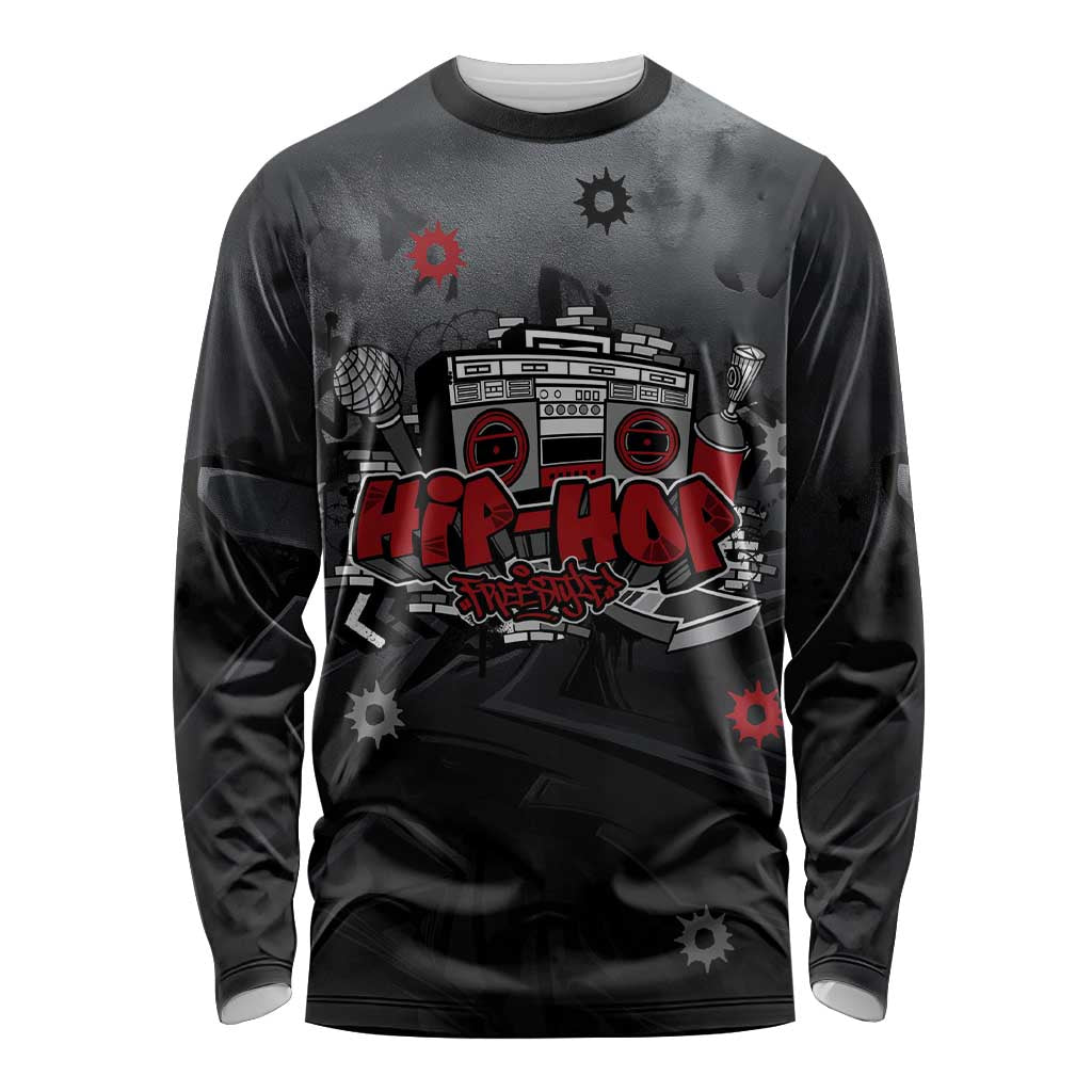 Hip Hop Streetwear Long Sleeve Shirt with Graffiti Boombox and Angel Bear Graphic in Urban Bullet Hole Design - Wonder Print Shop