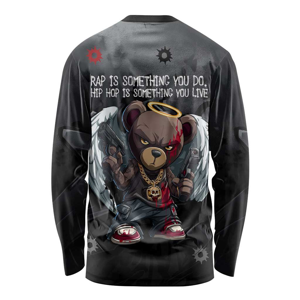 Hip Hop Streetwear Long Sleeve Shirt with Graffiti Boombox and Angel Bear Graphic in Urban Bullet Hole Design - Wonder Print Shop