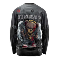 Hip Hop Streetwear Long Sleeve Shirt with Graffiti Boombox and Angel Bear Graphic in Urban Bullet Hole Design - Wonder Print Shop