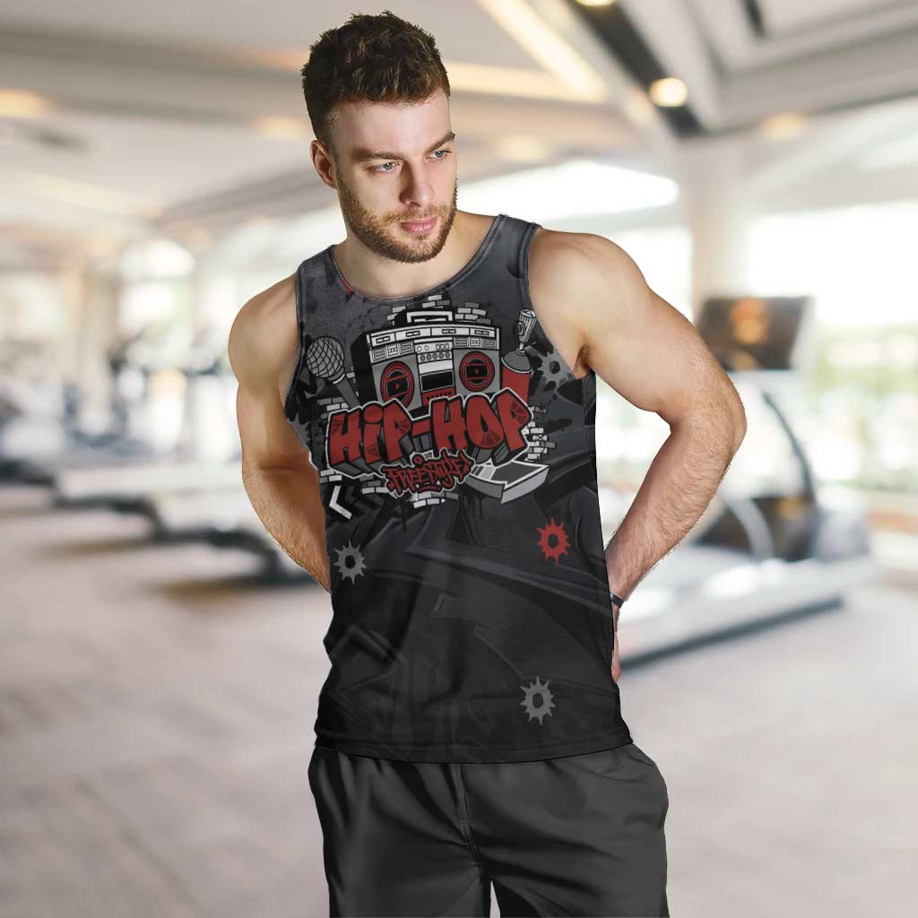 Hip Hop Streetwear Men Tank Top with Graffiti Boombox and Angel Bear Graphic in Urban Bullet Hole Design - Wonder Print Shop