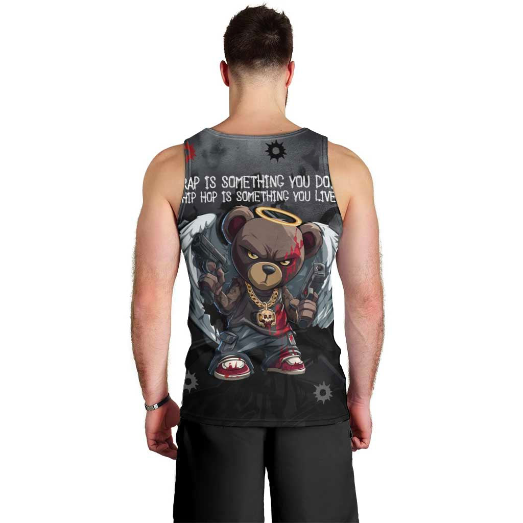 Hip Hop Streetwear Men Tank Top with Graffiti Boombox and Angel Bear Graphic in Urban Bullet Hole Design - Wonder Print Shop
