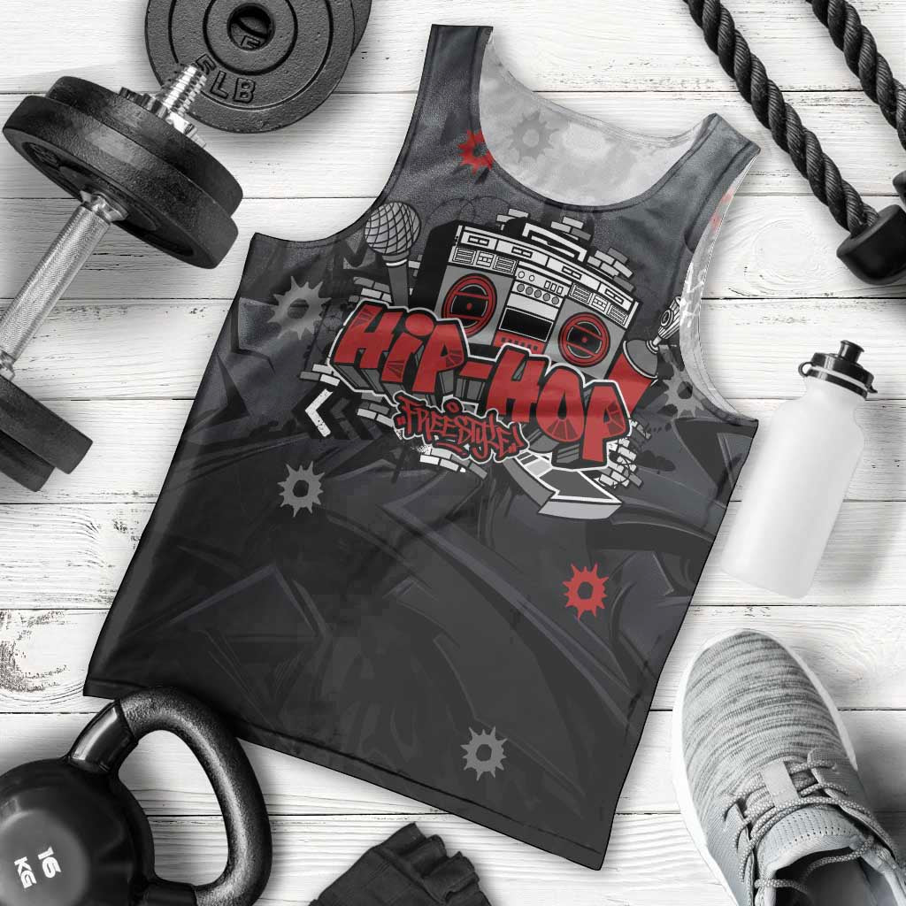 Hip Hop Streetwear Men Tank Top with Graffiti Boombox and Angel Bear Graphic in Urban Bullet Hole Design - Wonder Print Shop