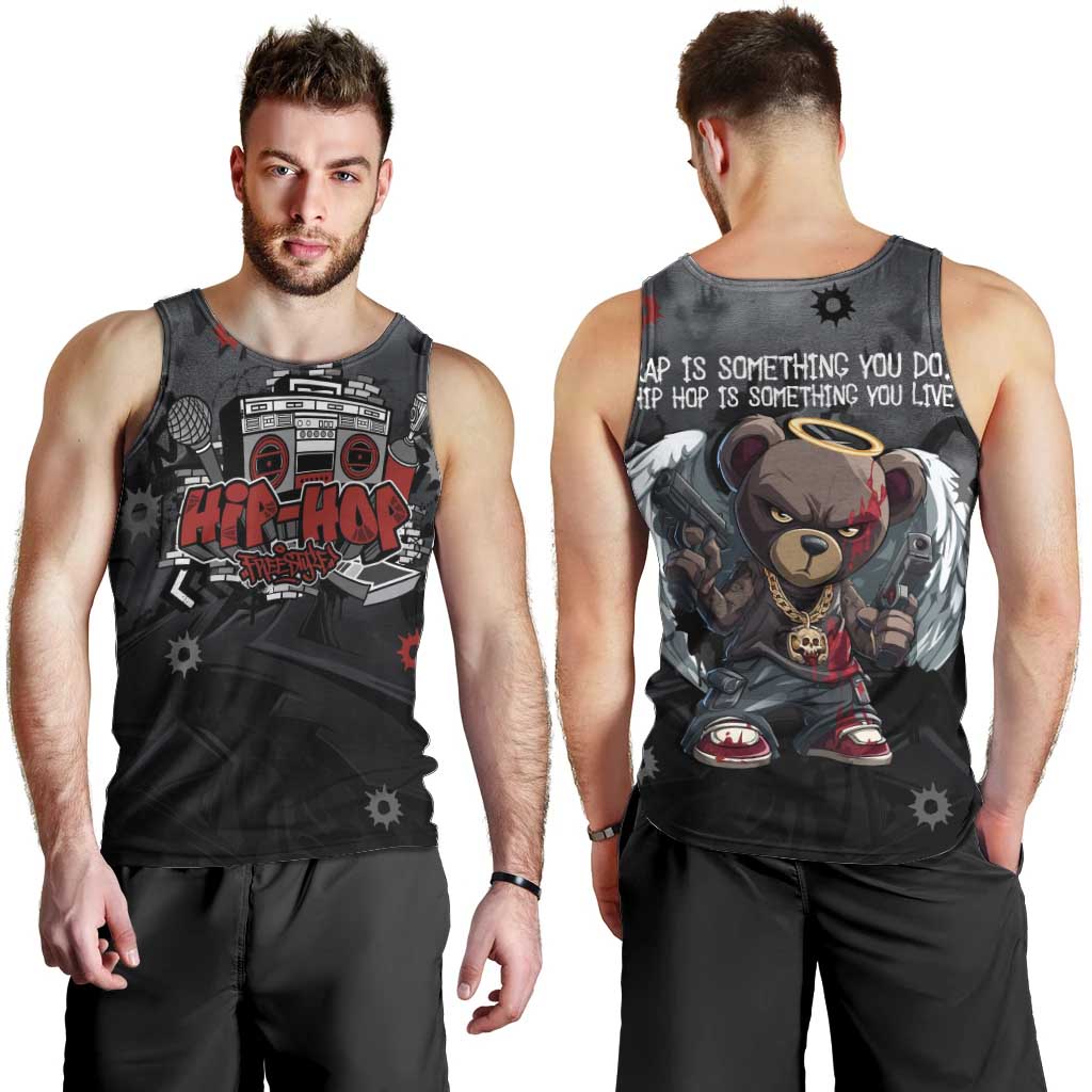 Hip Hop Streetwear Men Tank Top with Graffiti Boombox and Angel Bear Graphic in Urban Bullet Hole Design - Wonder Print Shop